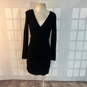 Mango Black Sparkly Metallic V-Neck Surplice Long Sleeve Mini Dress Size 6